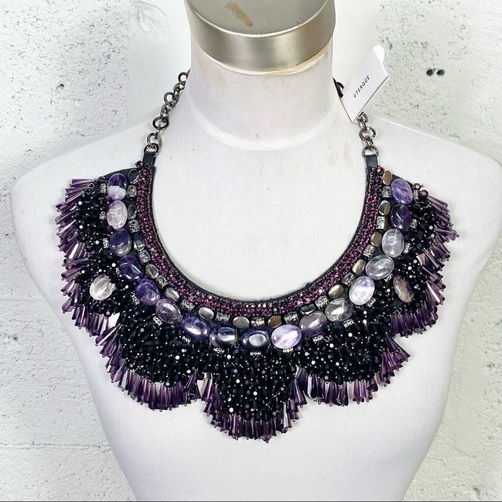NEW Uterque Black Glass Crystal Purple Amethyst Copper Statement Necklace